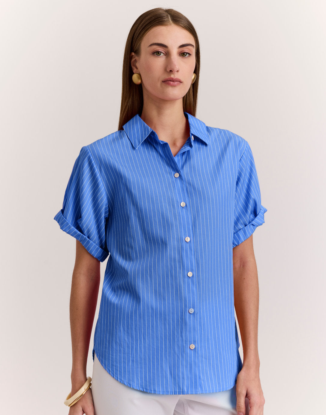 Lucie Short Sleeve Pencil Stripe Shirt Lake Blue/White / L