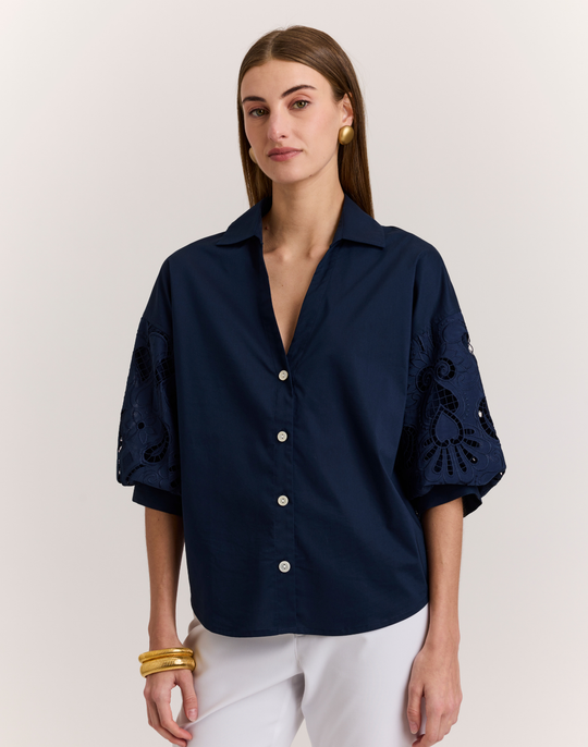 Lilian Elbow Sleeve Eyelet Embroidery Shirt