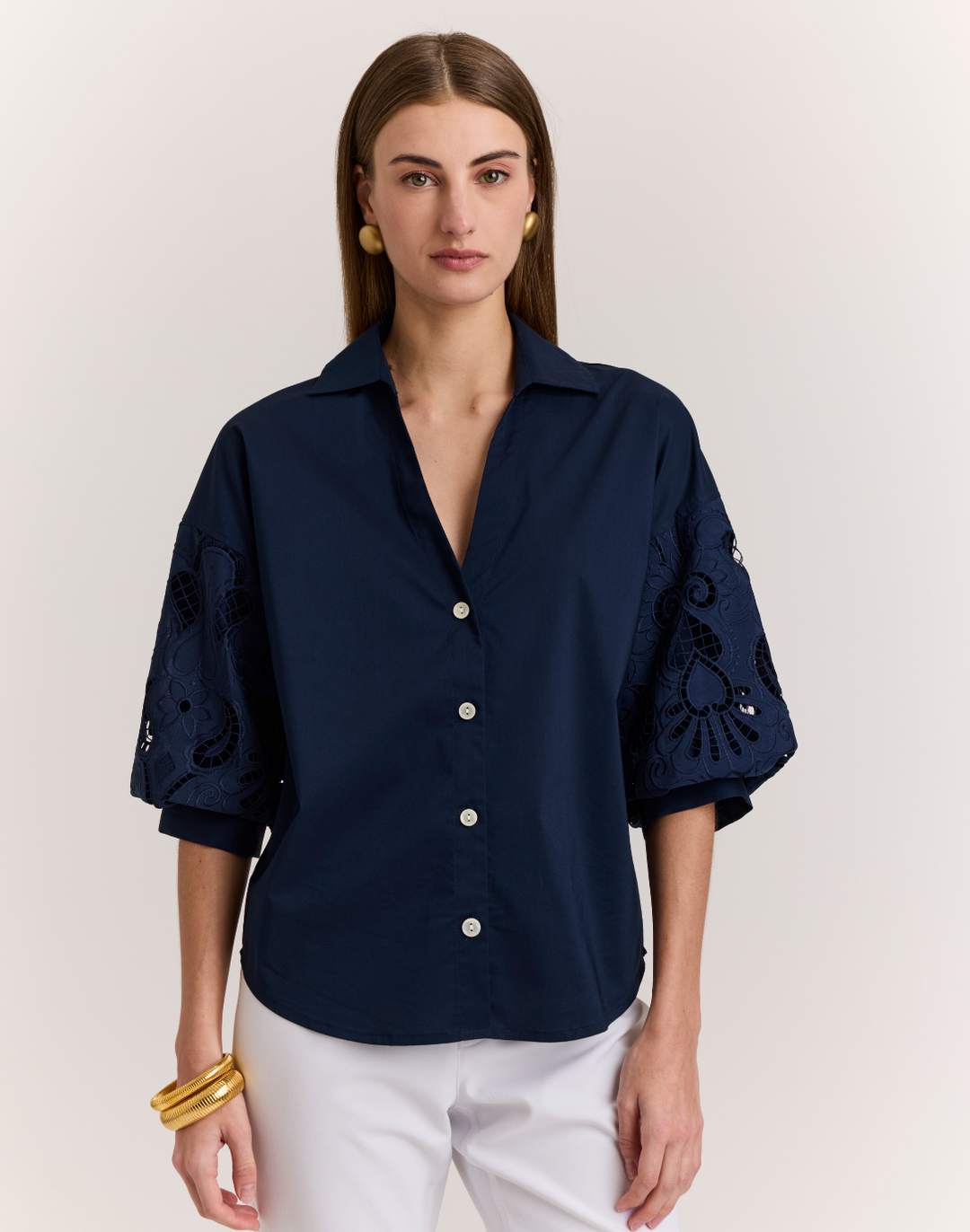 Lilian Elbow Sleeve Eyelet Embroidery Shirt
