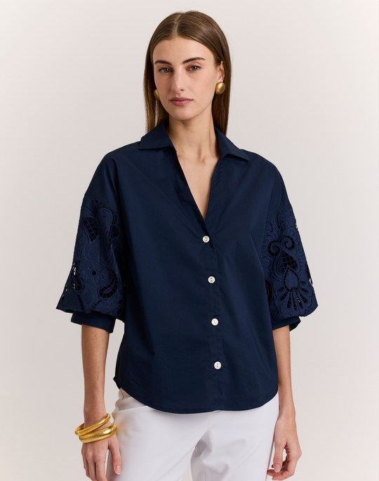 Lilian Elbow Sleeve Eyelet Embroidery Shirt