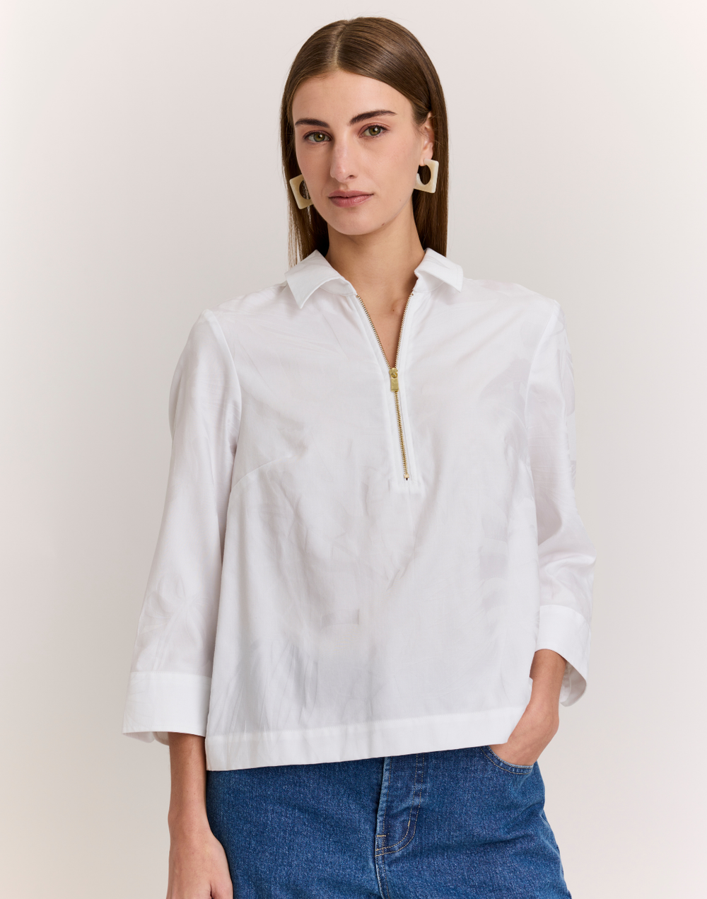 Alessa 3/4 Sleeve Leaf Motif Jacquard Top