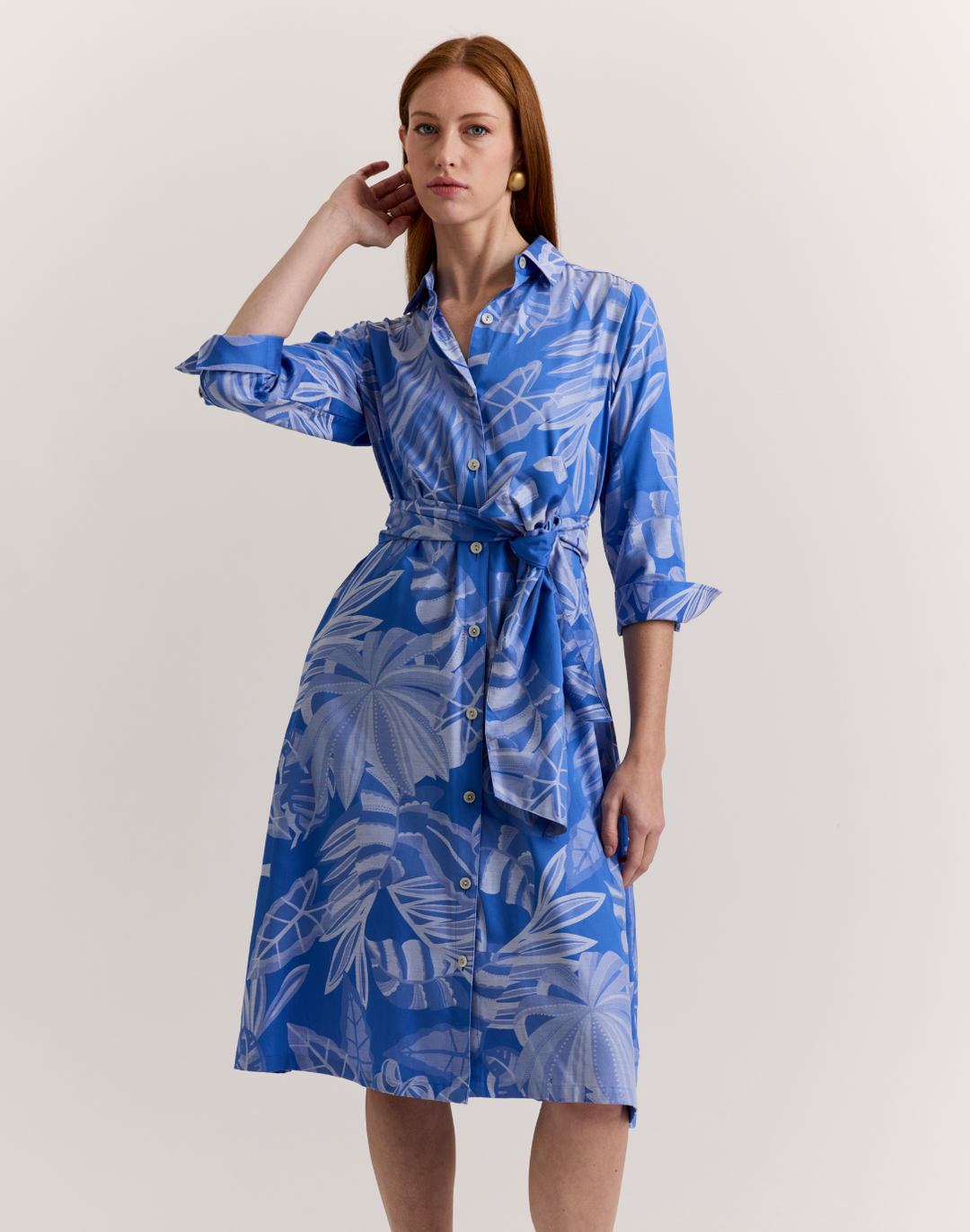 Tamron 3/4 Sleeve Leaf Motif Jacquard Dress