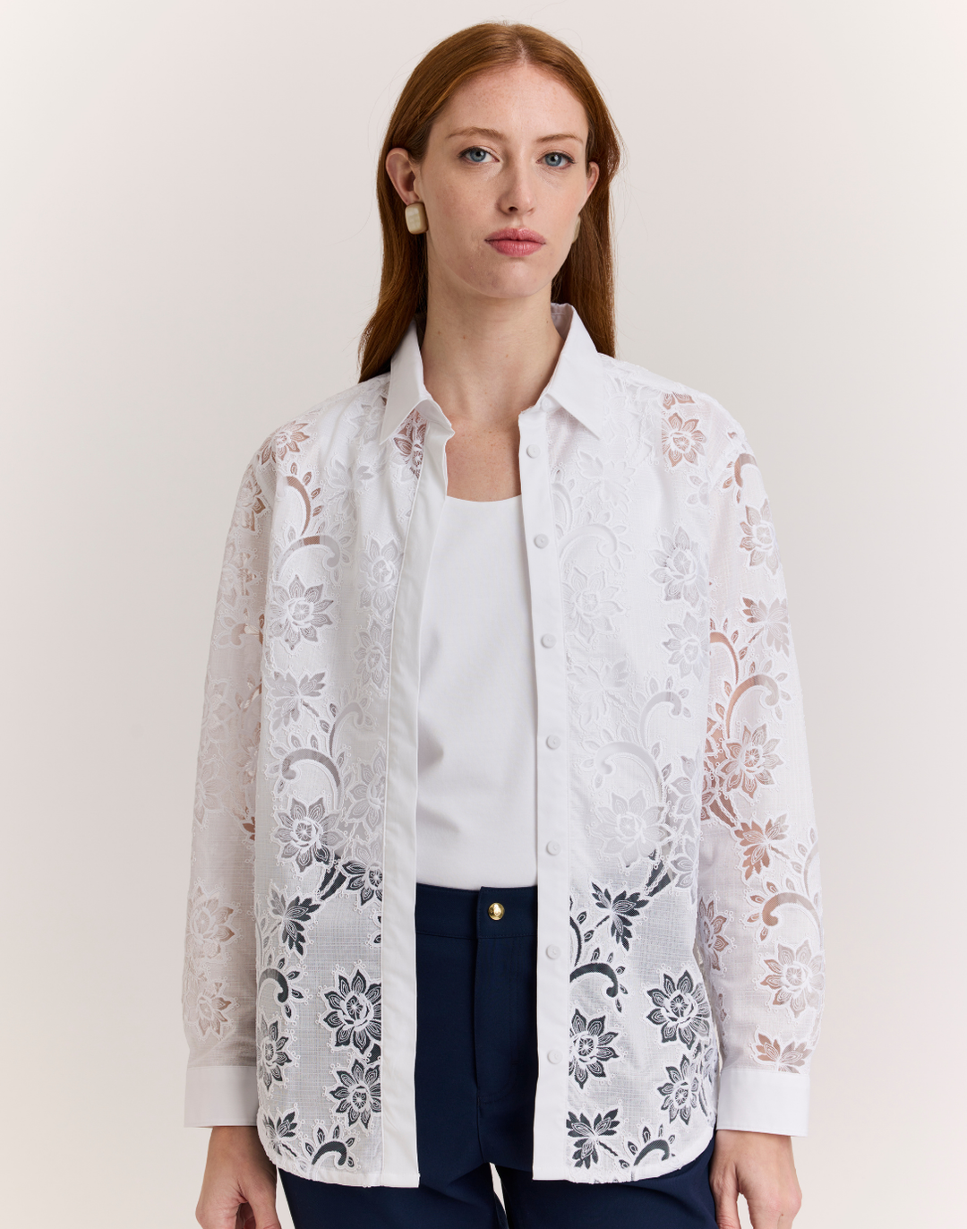 Halsey Long Sleeve Floral Motif Lace Shirt