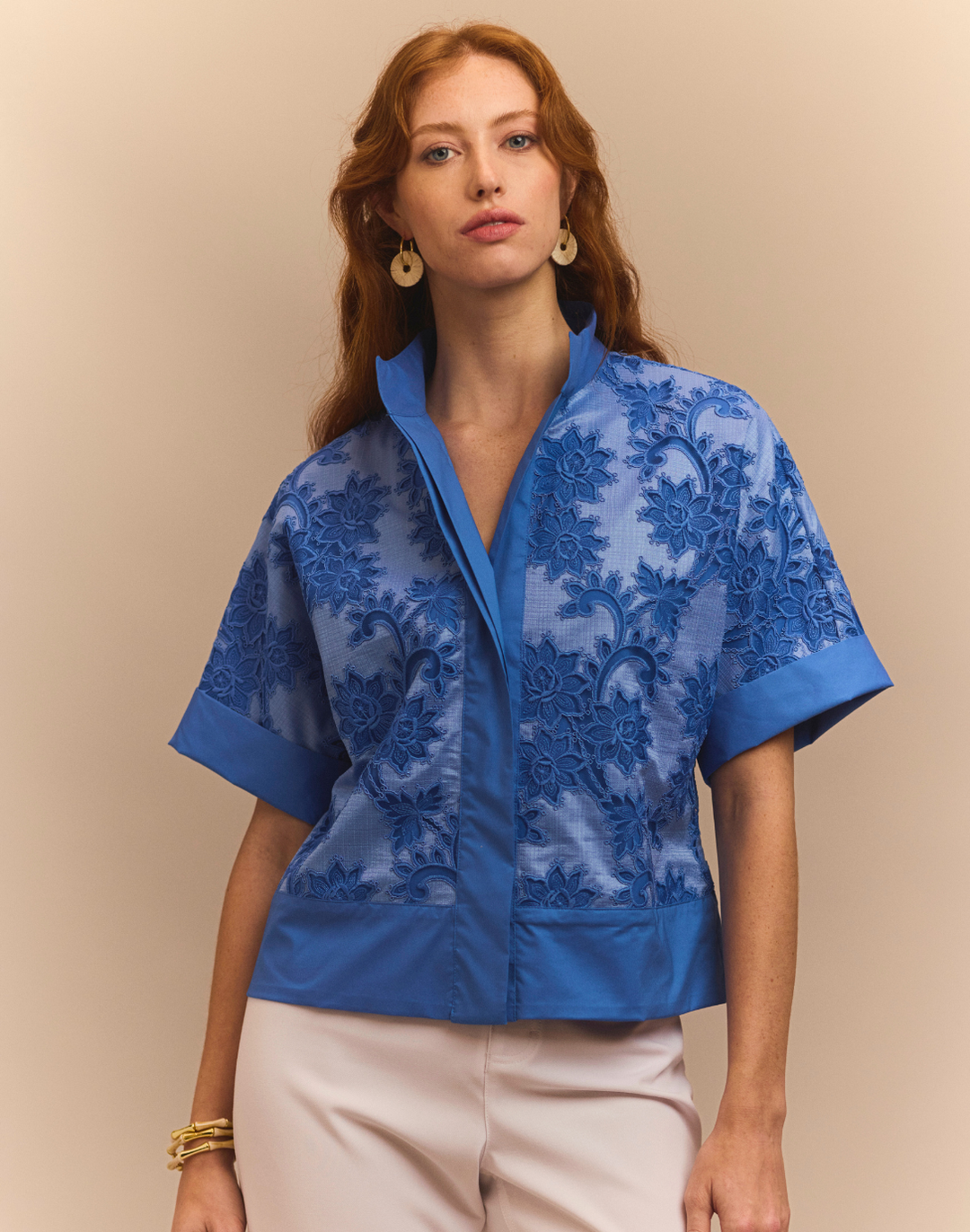 Carine Elbow Sleeve Floral Motif Lace Shirt Jacket