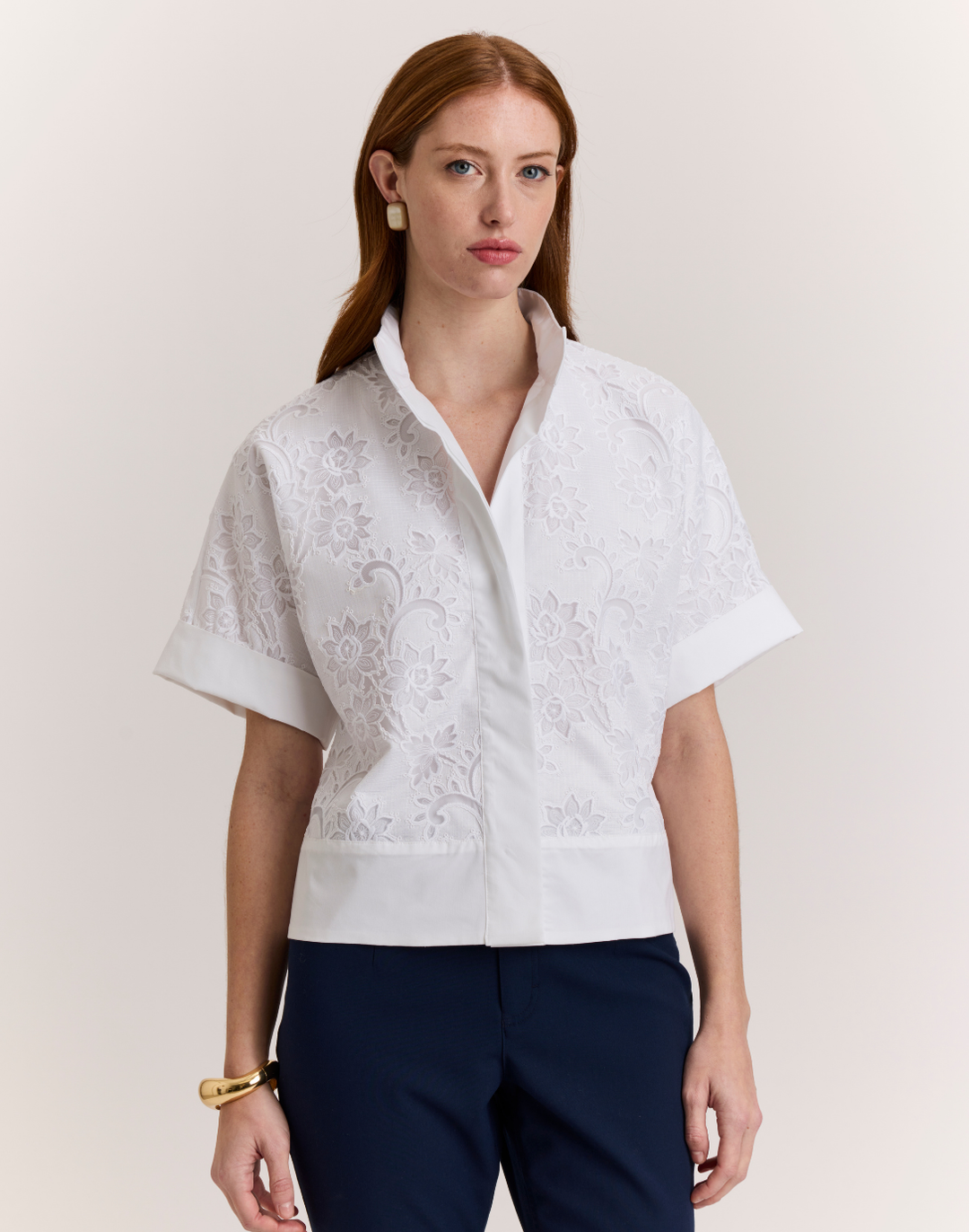 Carine Elbow Sleeve Floral Motif Lace Shirt Jacket