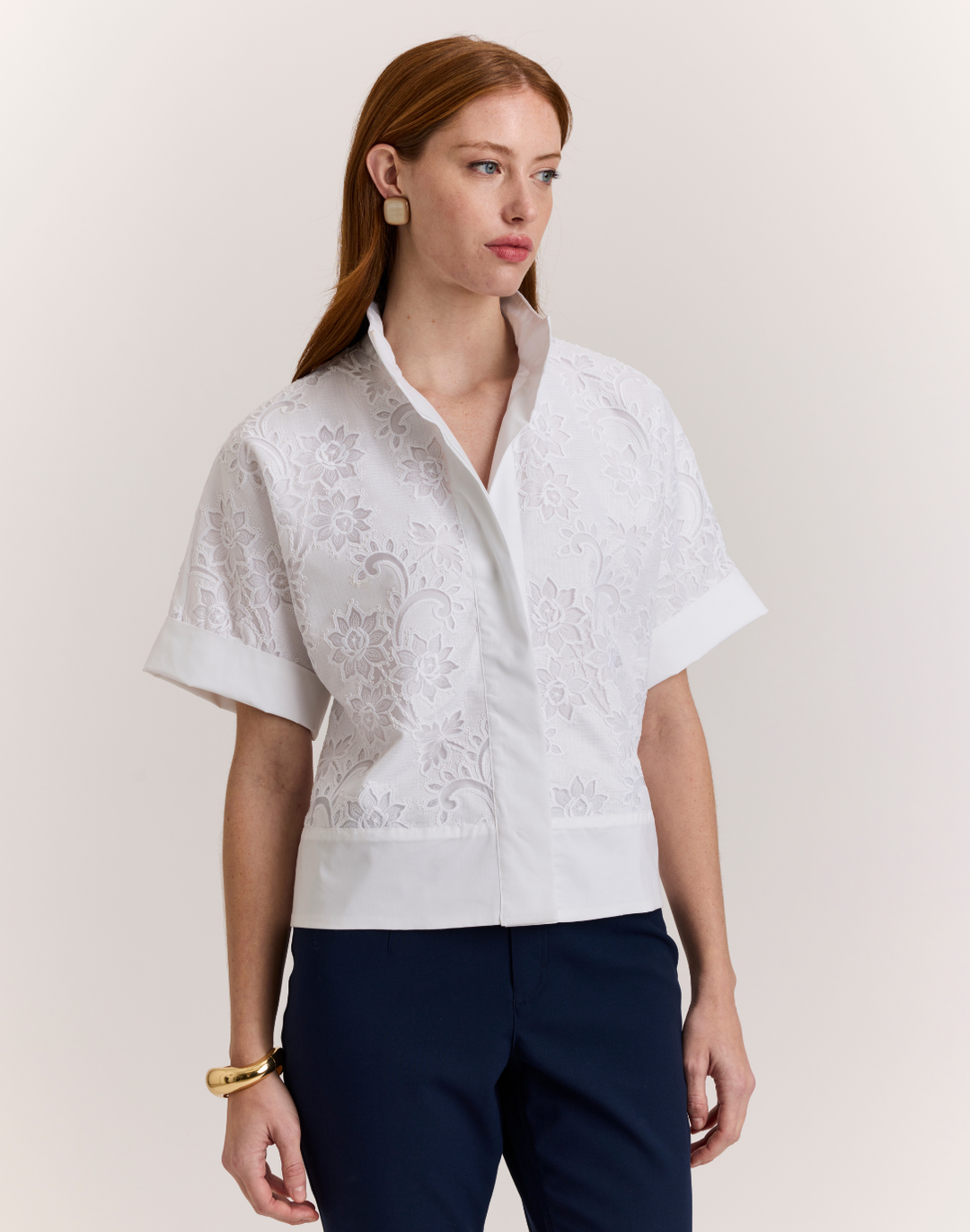 Carine Elbow Sleeve Floral Motif Lace Shirt Jacket