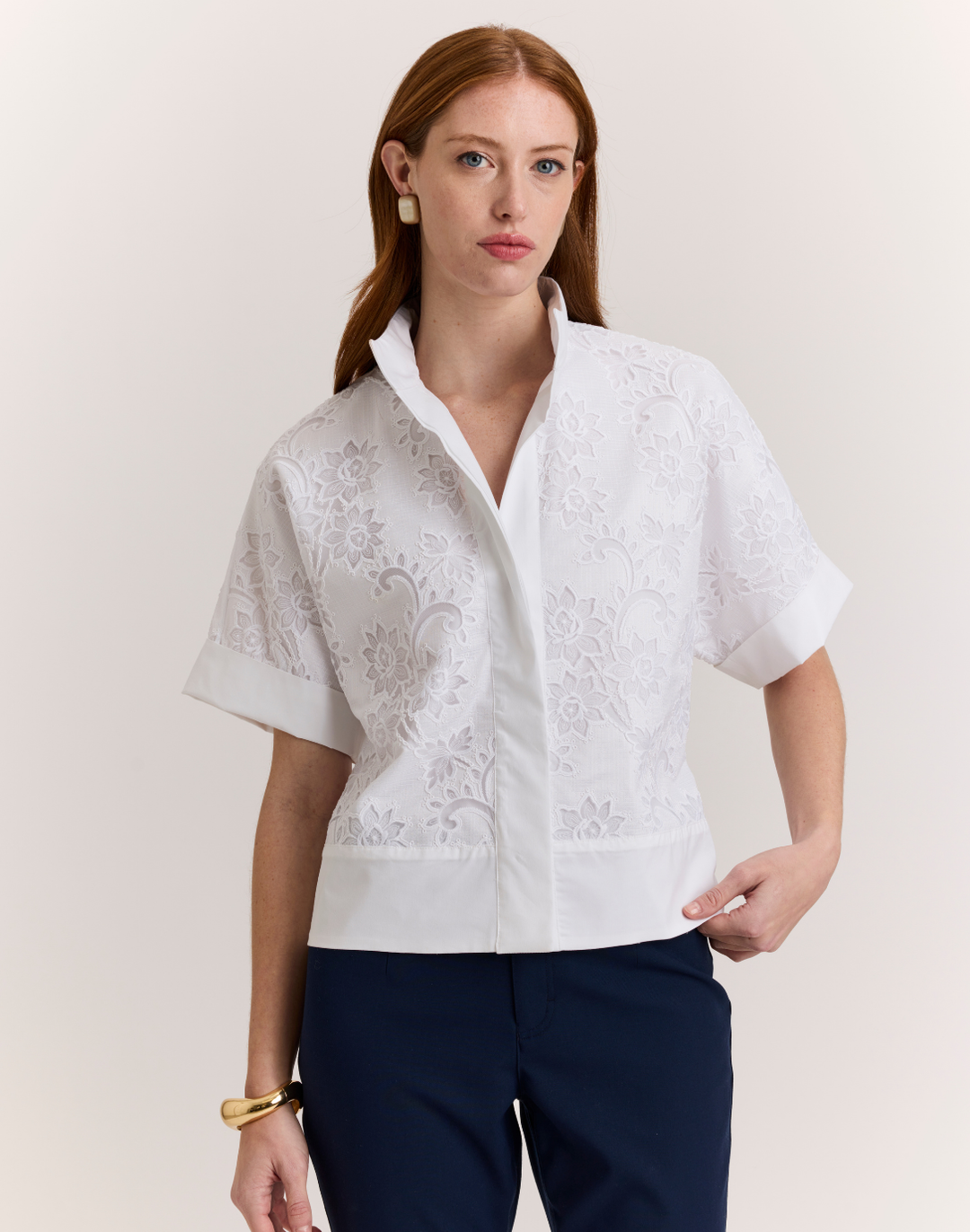 Carine Elbow Sleeve Floral Motif Lace Shirt Jacket