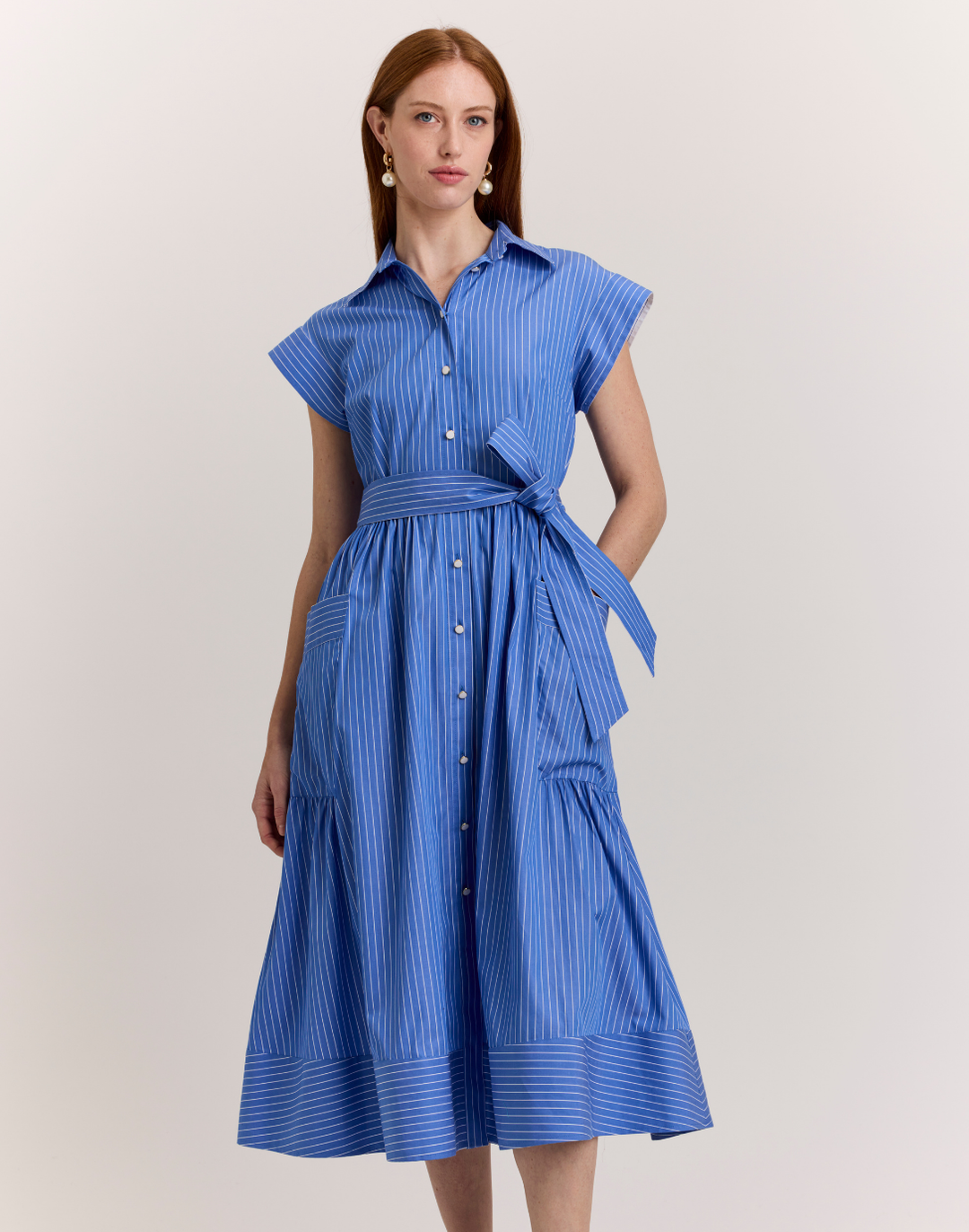Annabelle Short Sleeve Pencil Stripe Dress Lake Blue/White / S