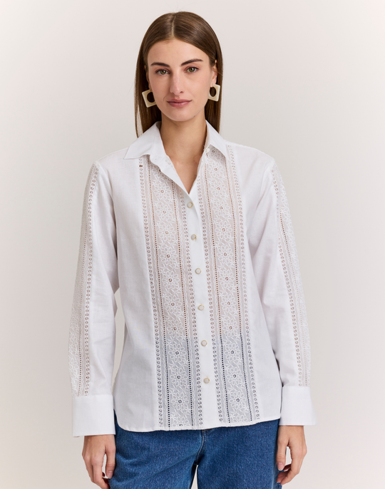 Margot Long Sleeve Lace Trim Linen Shirt