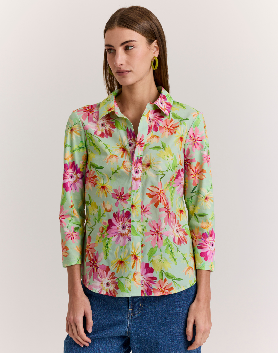 Lizette 3/4 Sleeve Green Floral Print Top