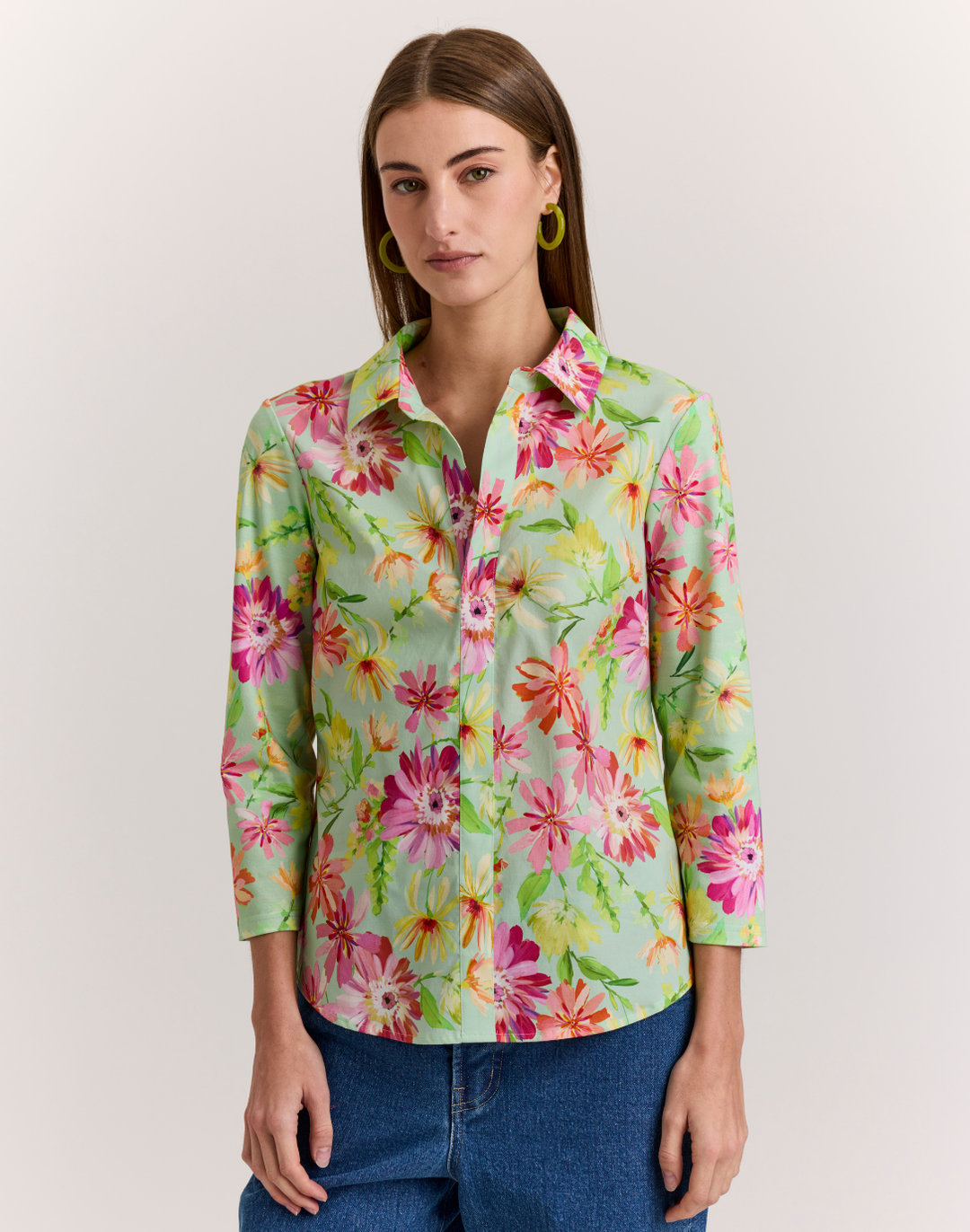 Lizette 3/4 Sleeve Green Floral Print Top