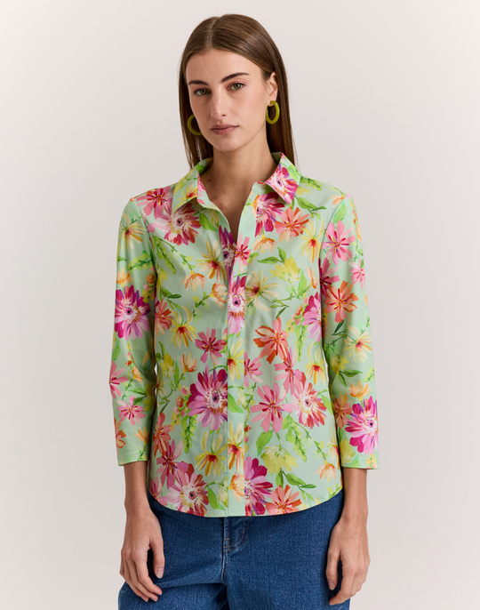 Lizette 3/4 Sleeve Green Floral Print Top
