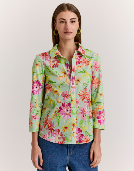 Lizette 3/4 Sleeve Green Floral Print Top