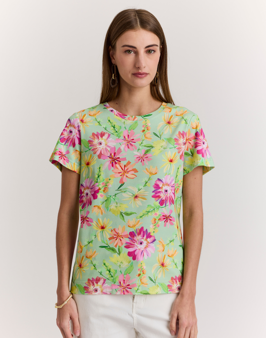 Great Short Sleeve Green Floral Printed Tee