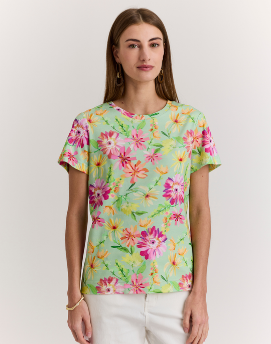 Great Short Sleeve Green Floral Printed Tee