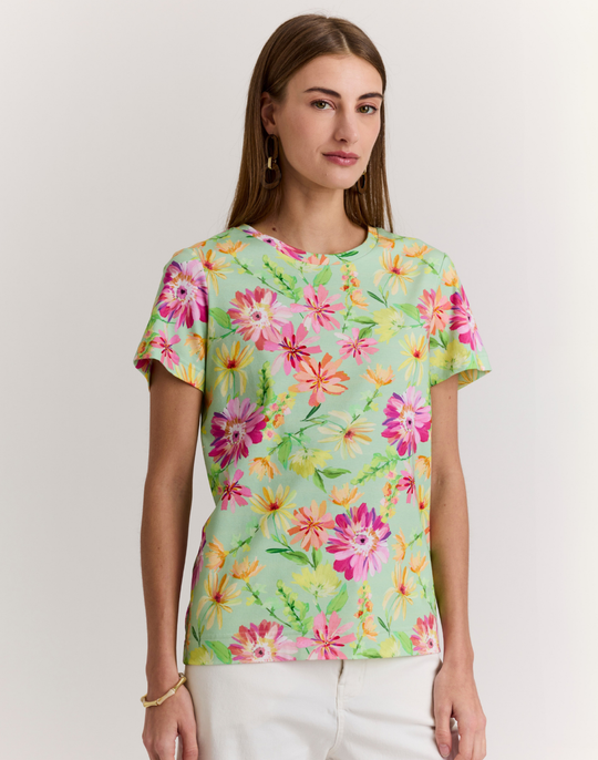 Great Short Sleeve Green Floral Printed Tee