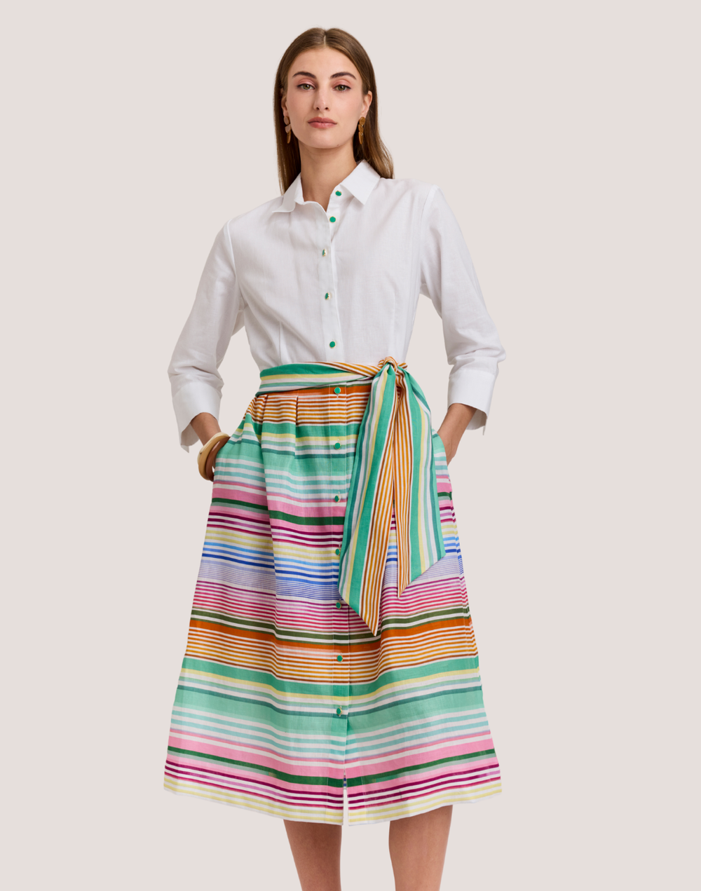 Robin 3/4 Sleeve Multi Linen Stripe Dress
