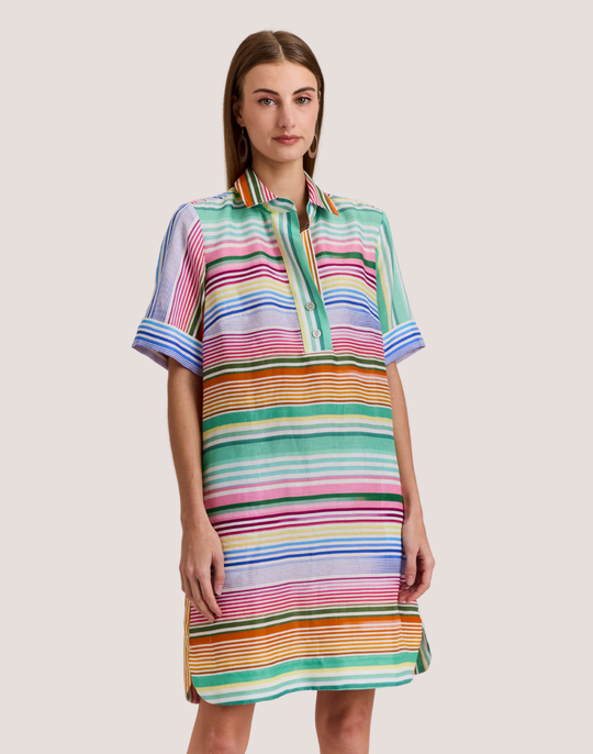 Aileen Short Sleeve Multi Linen Stripe Dress