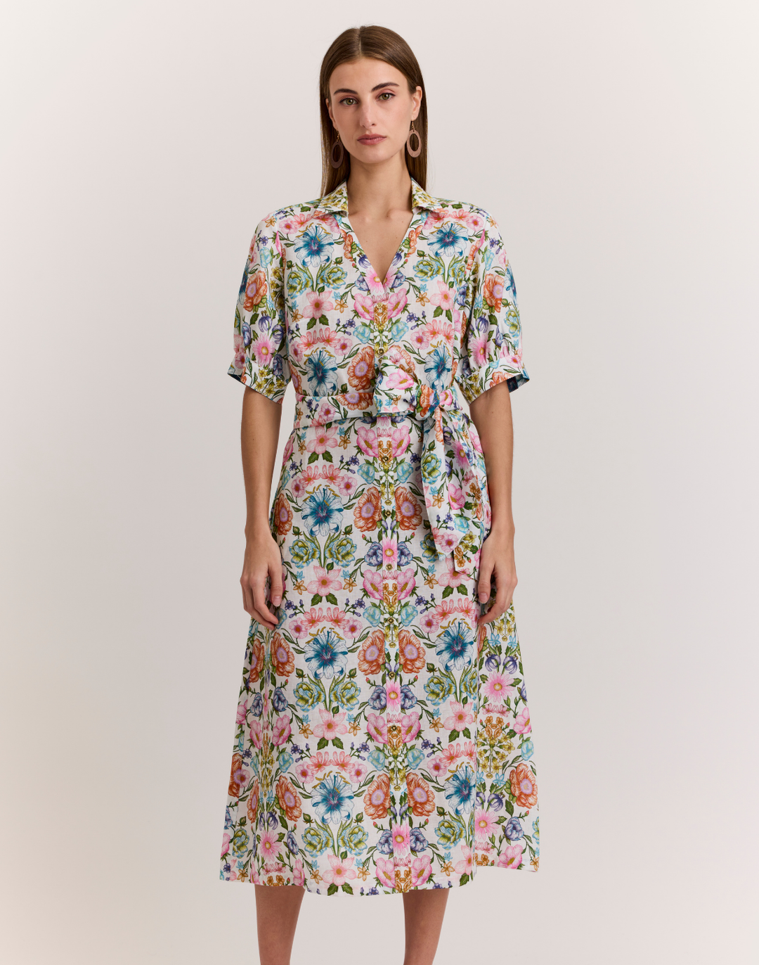 Luca Elbow Sleeve Botanique Linen Print Dress