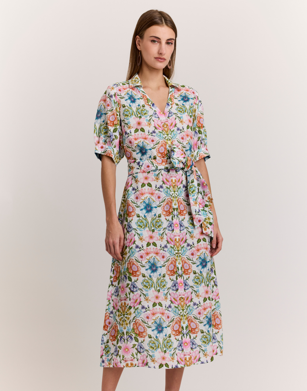 Luca Elbow Sleeve Botanique Linen Print Dress