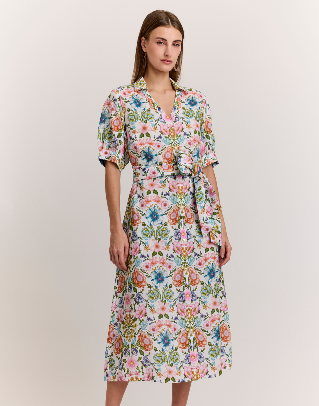 Luca Elbow Sleeve Botanique Linen Print Dress