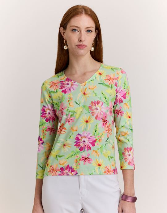 Renee 3/4 Sleeve Green Floral Printed Knit Top