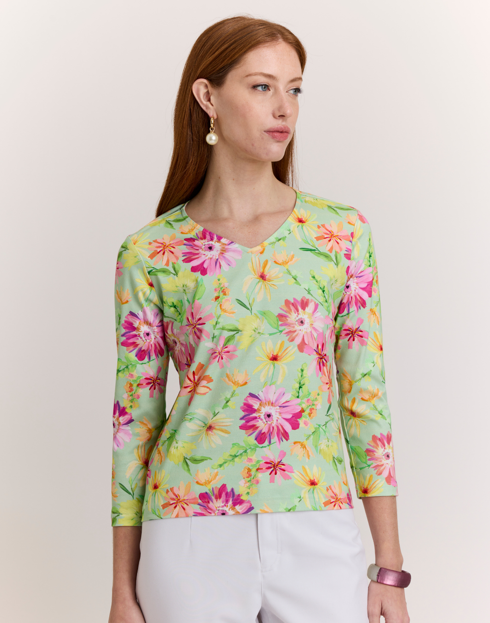 Renee 3/4 Sleeve Green Floral Printed Knit Top