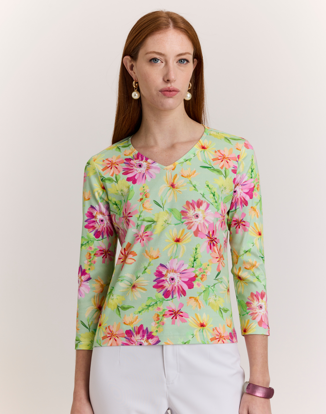 Renee 3/4 Sleeve Green Floral Printed Knit Top