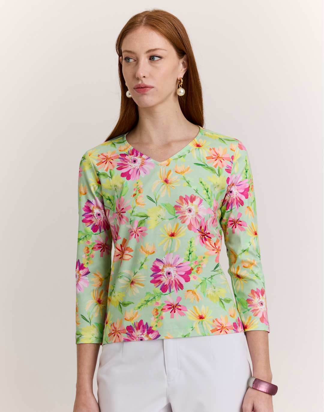Renee 3/4 Sleeve Green Floral Printed Knit Top