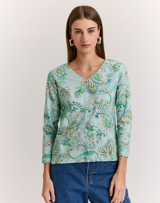 Renee 3/4 Sleeve Dainty Paisley Print Knit Top