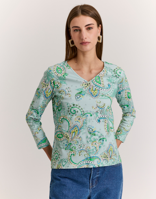 Renee 3/4 Sleeve Dainty Paisley Print Knit Top
