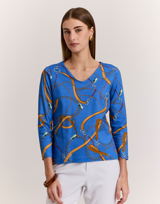 Renee 3/4 Sleeve Chain Medley Printed Knit Top