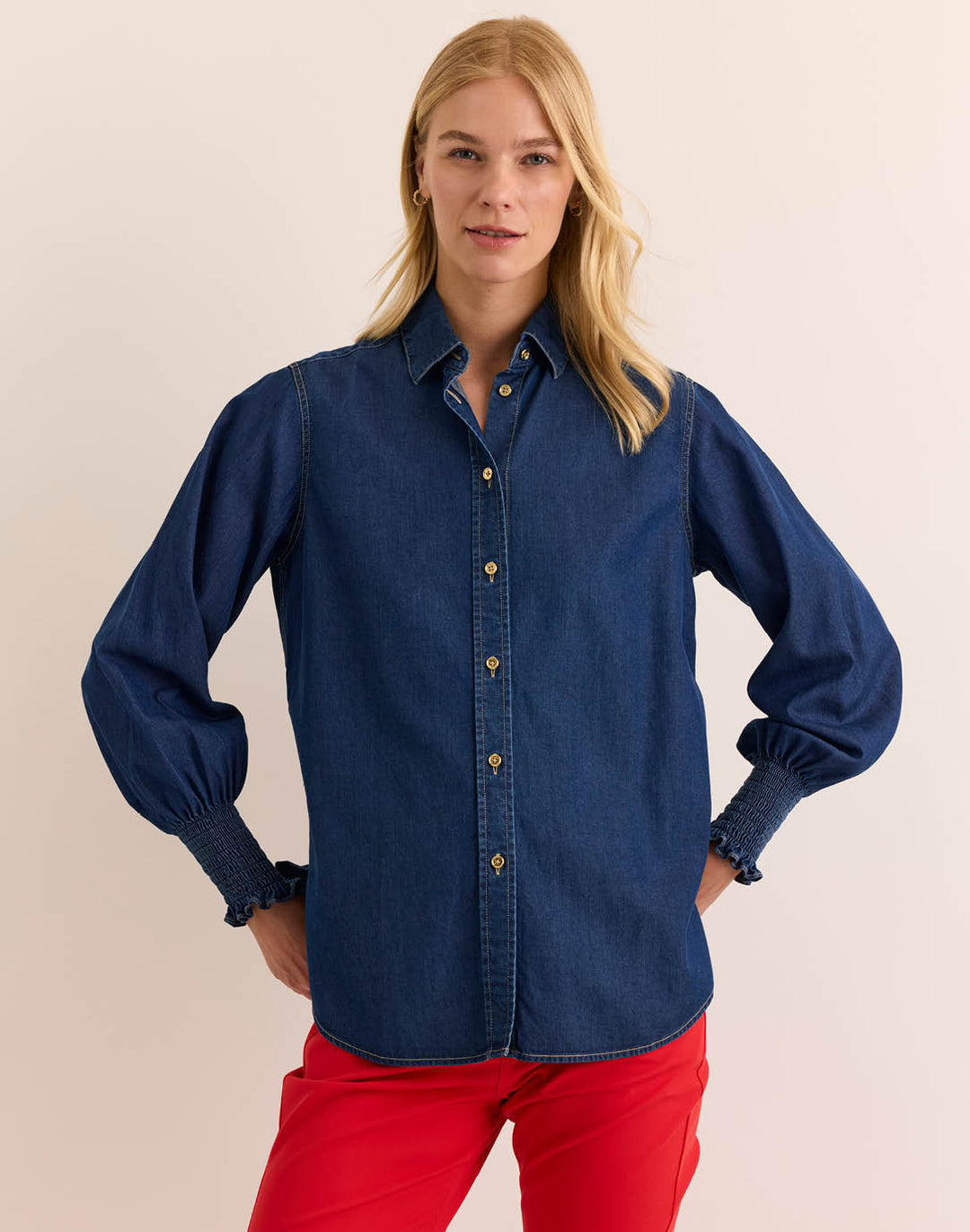 oversized denim dress shirt Oversized Smocked Long Sleeve Dark Wash Denim Shirt – Hinson Wu