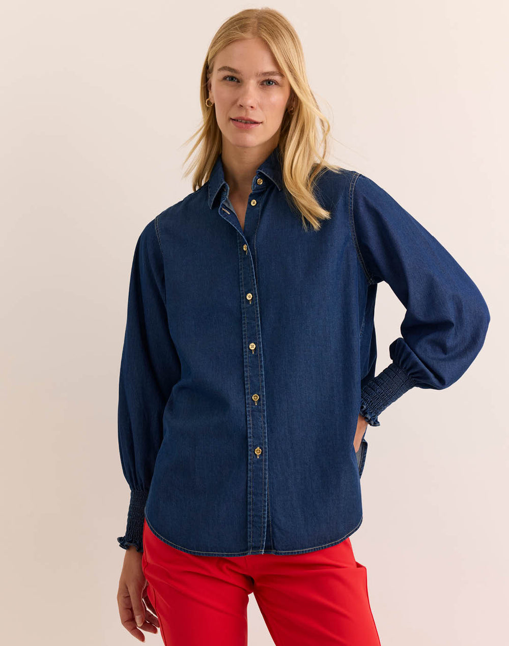 Oversized Smocked Long Sleeve Dark Wash Denim Shirt