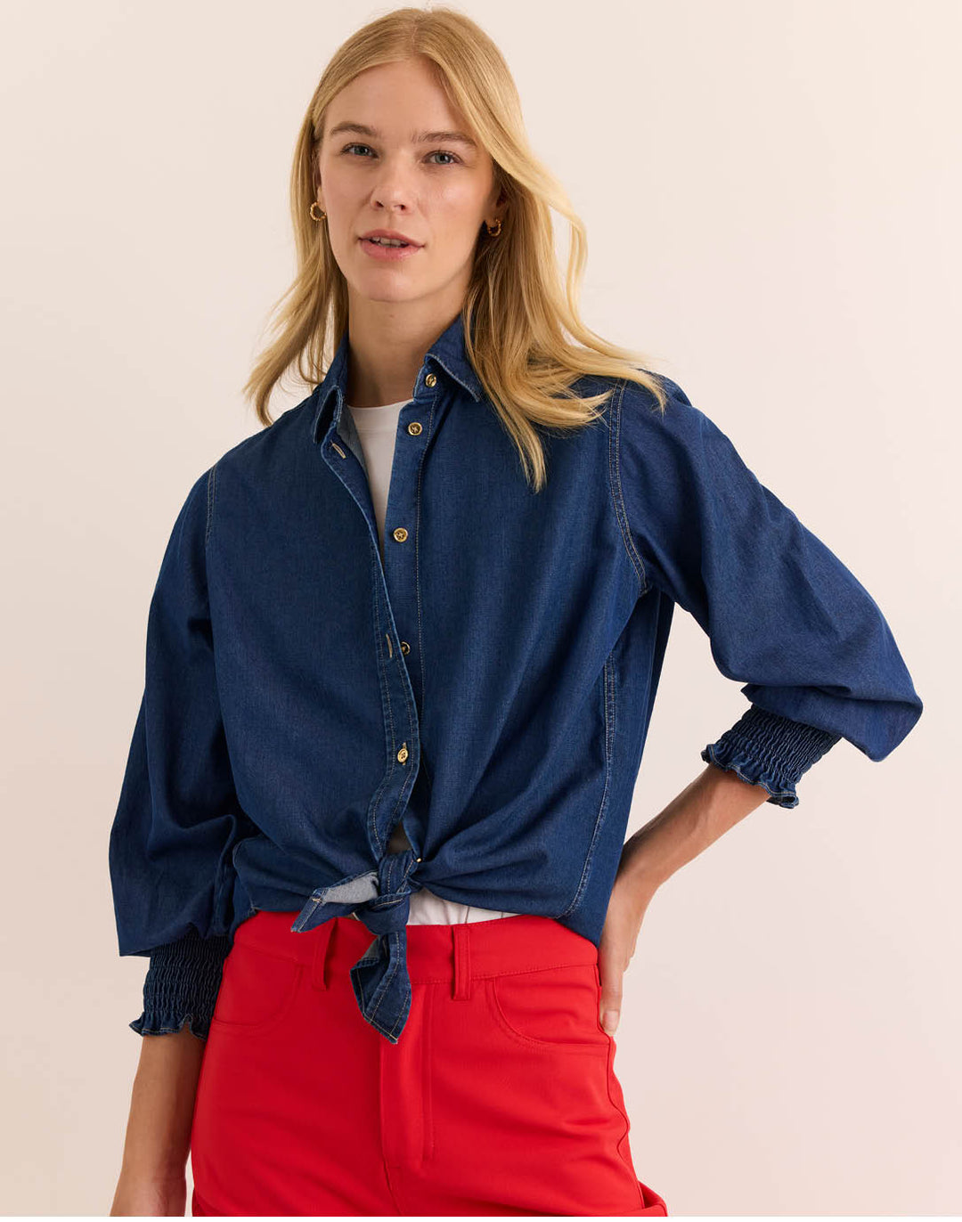 Oversized Smocked Long Sleeve Dark Wash Denim Shirt Dark Wash / S