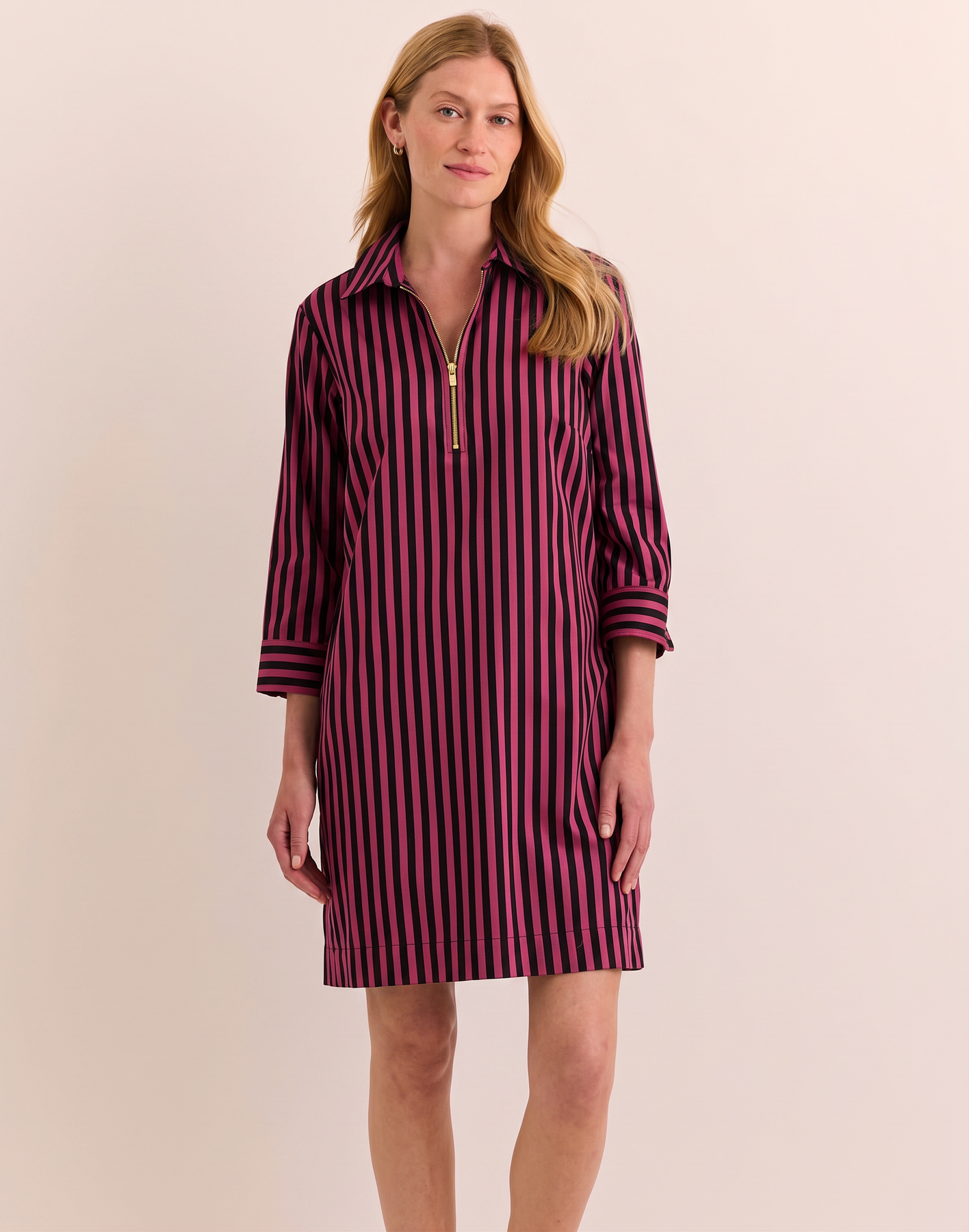 Alessa 3/4 Sleeve Classic Stripe Dress Ecru/Latte / M
