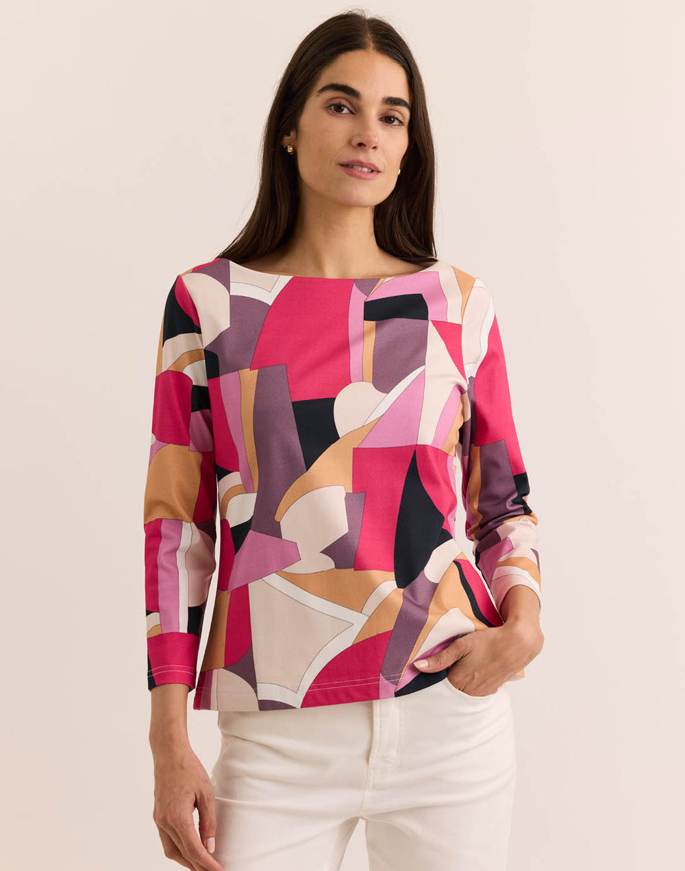 Gissel 3/4 Sleeve Abstract Graphic Boat Neck Tee