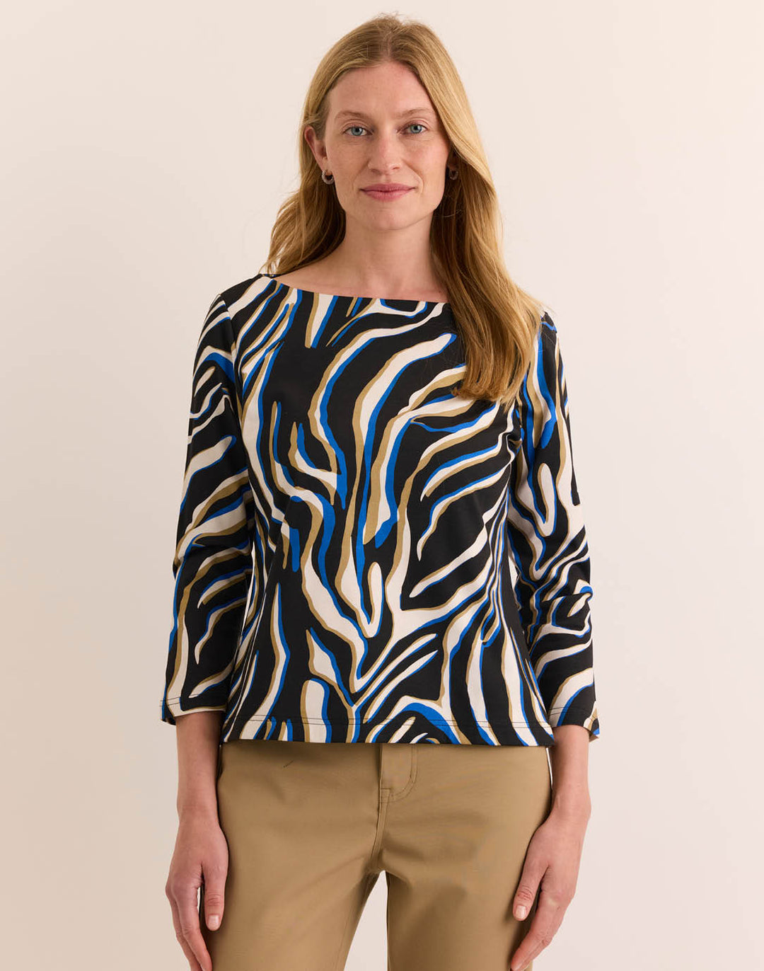 Gissel 3/4 Sleeve Boat Neck Abstract Zebra Tee