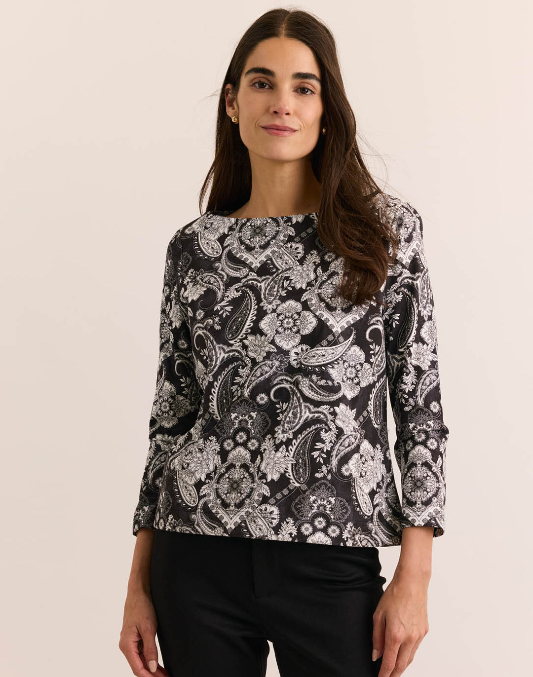 Gissel 3/4 Sleeve Boat Neck Painted Paisley Tee