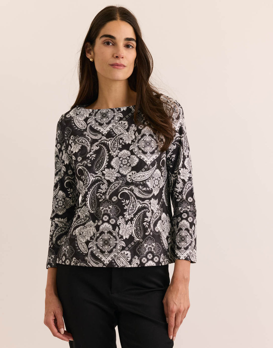 Gissel 3/4 Sleeve Boat Neck Painted Paisley Tee