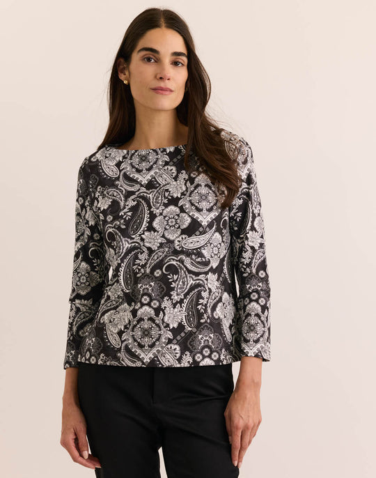 Gissel 3/4 Sleeve Boat Neck Painted Paisley Tee