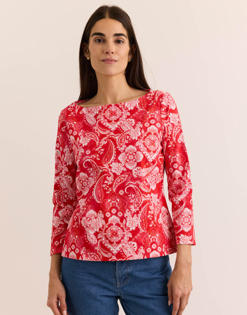Gissel 3/4 Sleeve Boat Neck Painted Paisley Tee