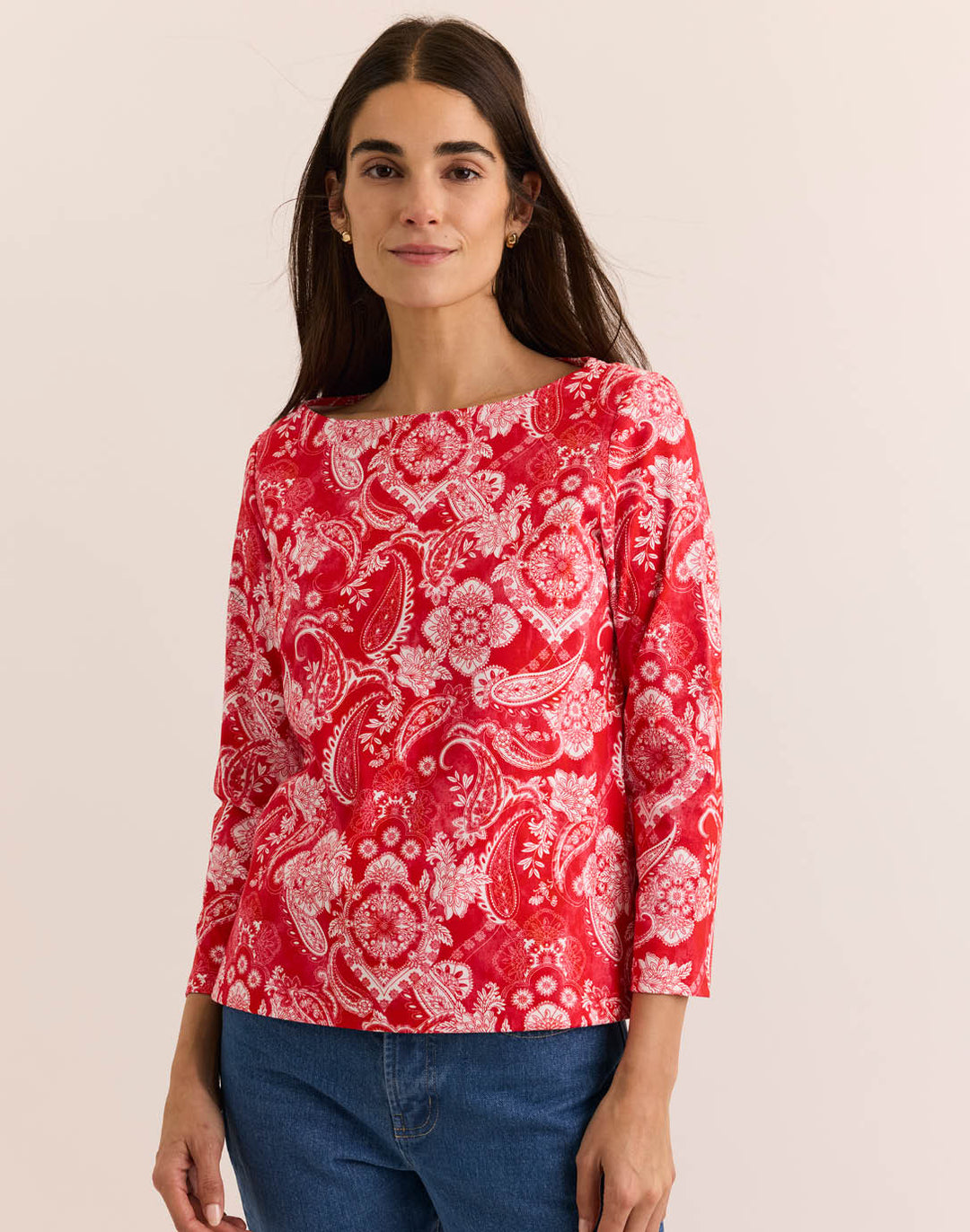 Gissel 3/4 Sleeve Boat Neck Painted Paisley Tee