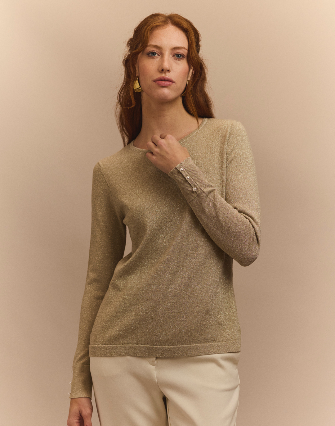 Margarita Long Sleeve Lurex Jewel Neck Sweater