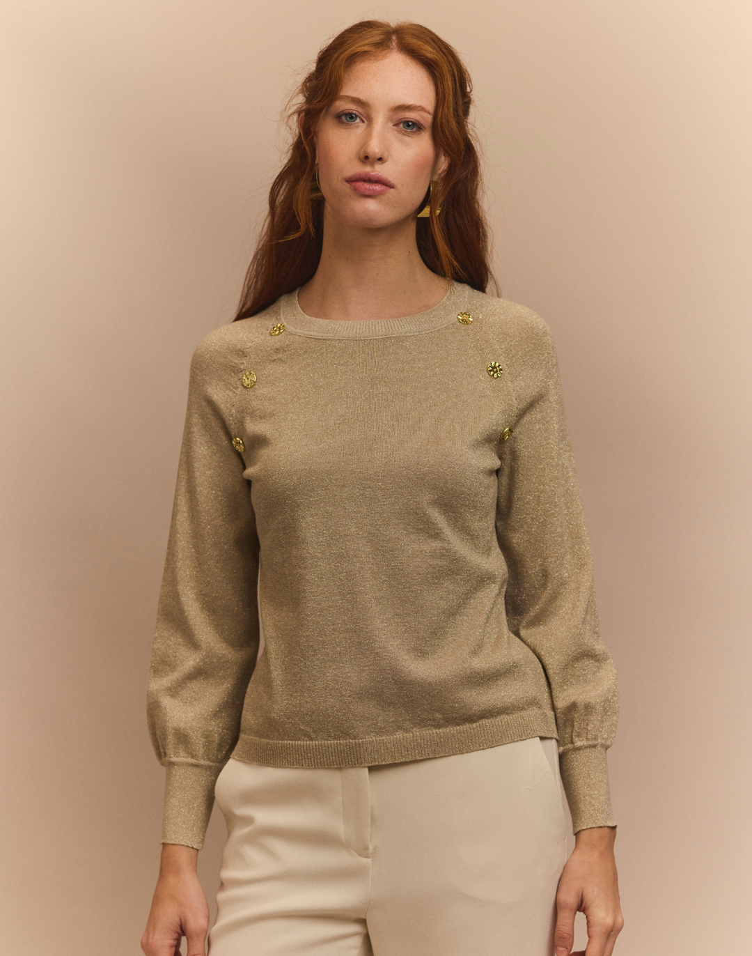 Kaye Long Raglan-Sleeve Lurex Sweater