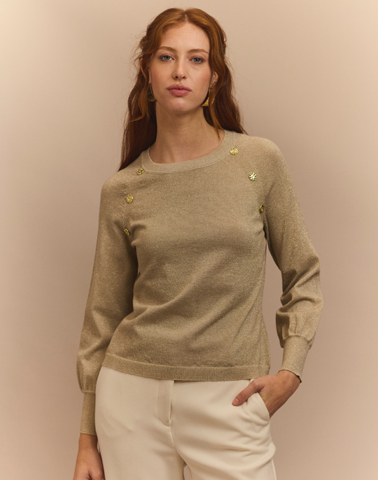 Kaye Long Raglan-Sleeve Lurex Sweater