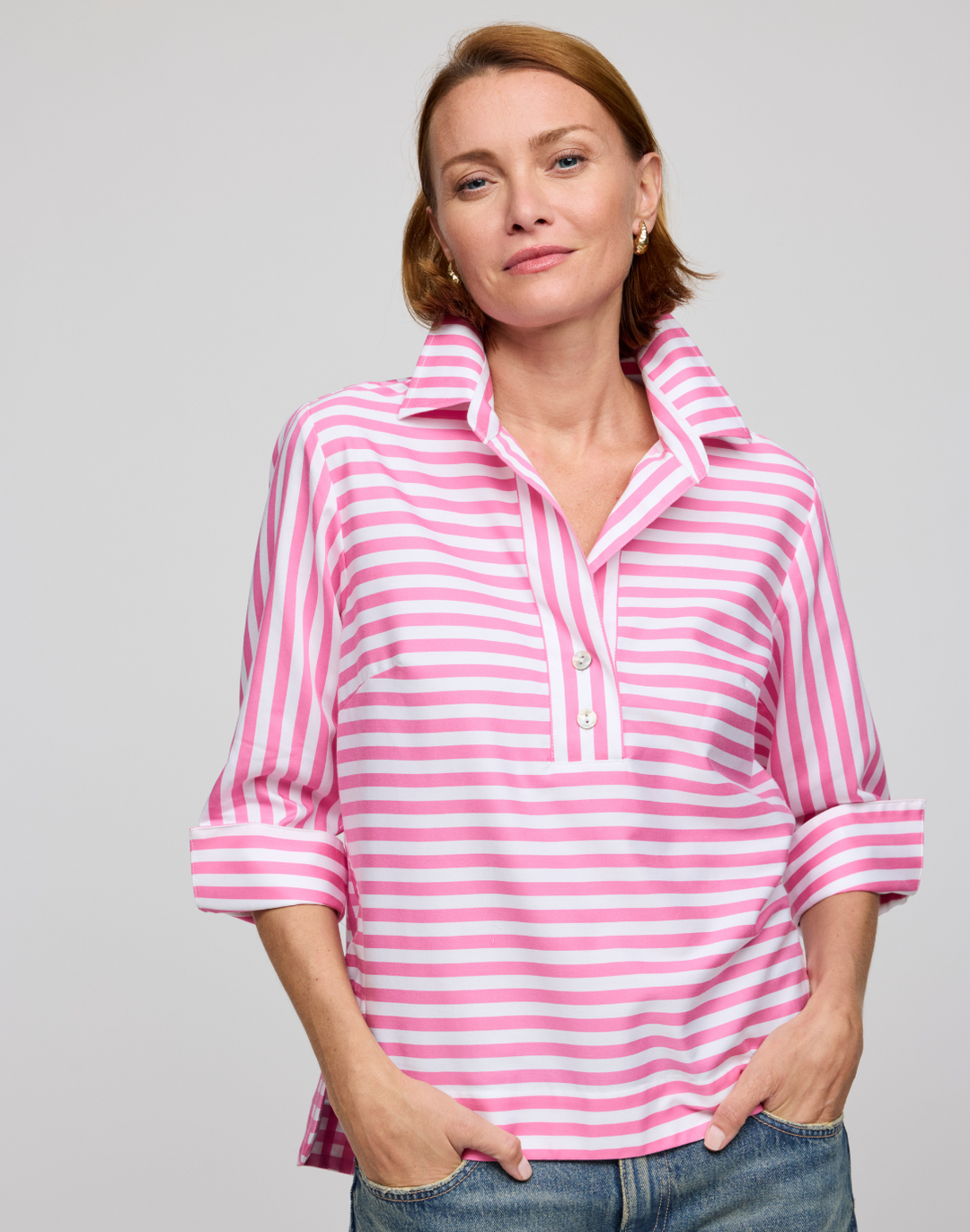 Aileen 3/4 Sleeve Stripe/Gingham White Combo Top – Hinson Wu Aileen 3/4 Sleeve Stripe/Gingham White Combo Top – Hinson Wu