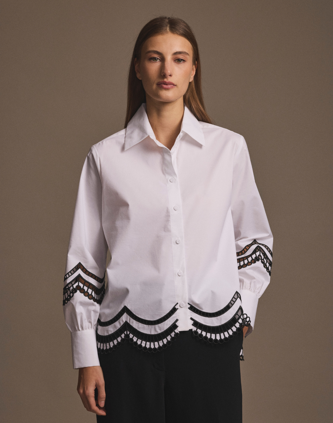 Bardot Long Sleeve Scallop Embroidery Shirt
