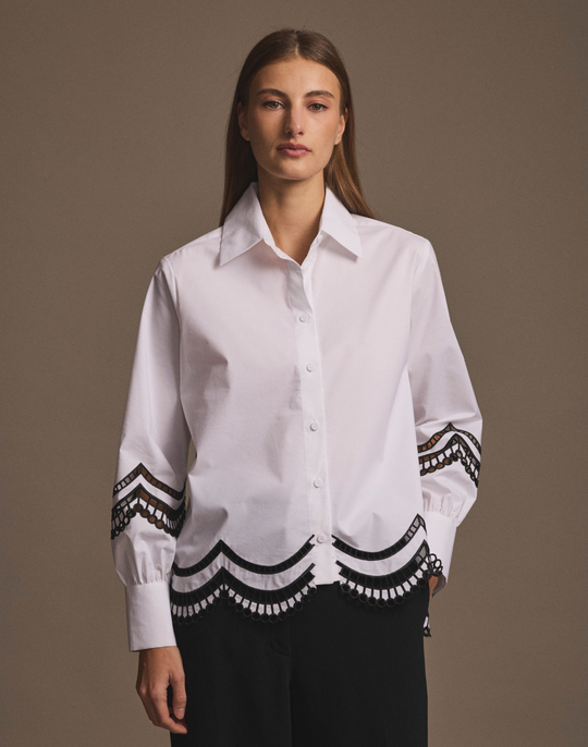 Bardot Long Sleeve Scallop Embroidery Shirt