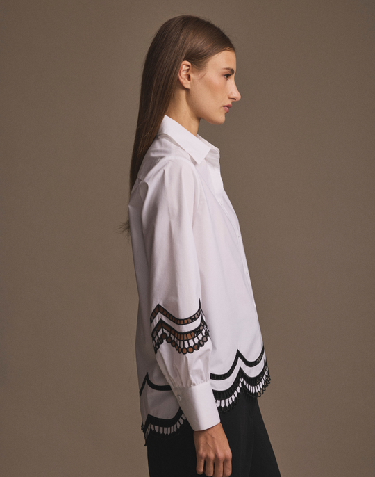 Bardot Long Sleeve Scallop Embroidery Shirt